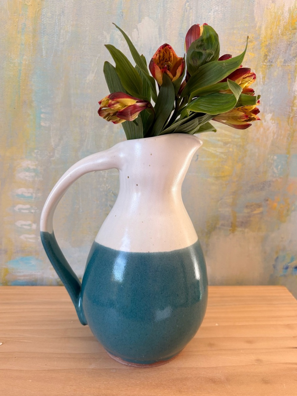 Artisan White and Teal Ceramic Pitcher Vase